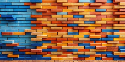 A colorful brick wall made of various wood blocks, each painted in shades of blue, orange, yellow, and brown, creating a captivating visual texture