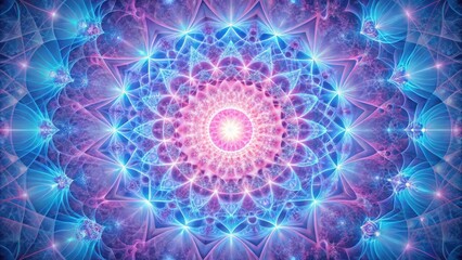 Intricate Light Patterns with a Central Glowing Core in a Kaleidoscopic Design of Pink and Blue Hues