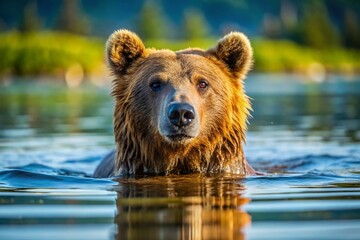 Obraz premium Closeup of a Brown Bear Swimming in Crystal Clear Waters on a Sunny Summer Day, Capturing the Essence of Wildlife in its Natural Habitat - Ursus arctos, Tranquil Scene in Nature