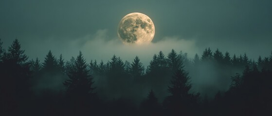 Fototapeta premium A full moon rises over a misty forest, casting a magical glow on the silhouetted trees and clouds.