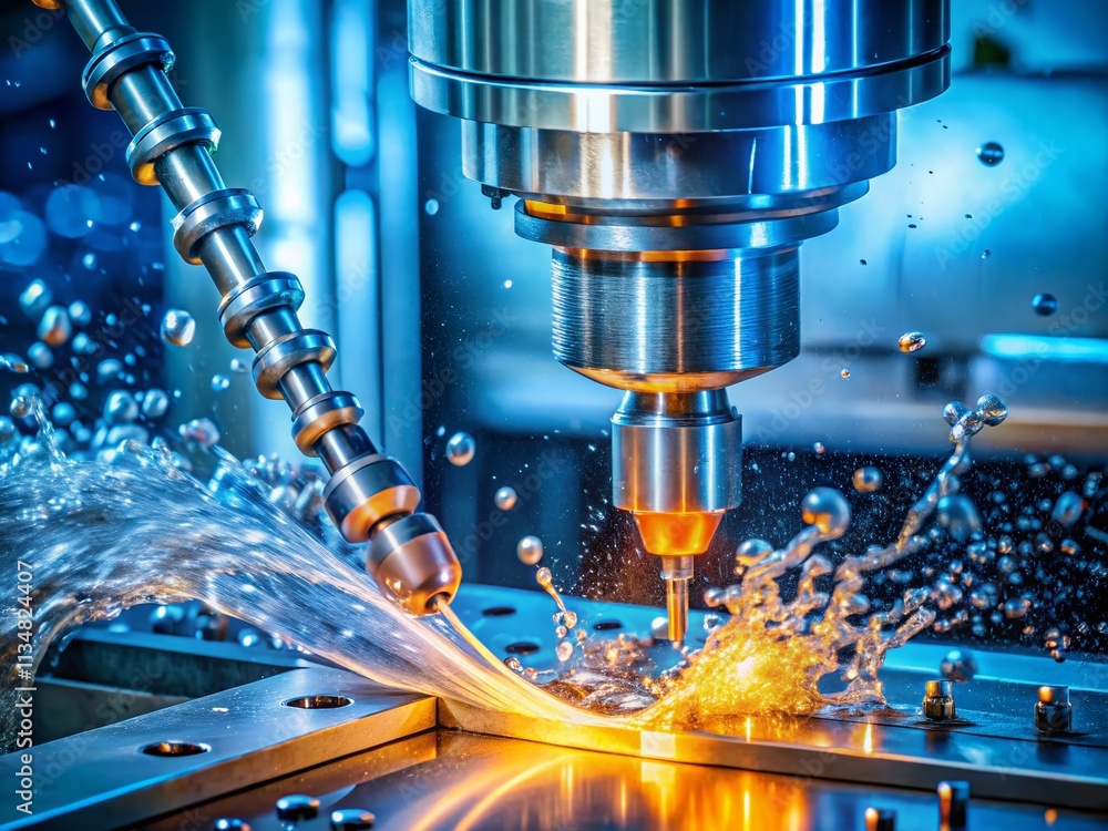 Poster close-up of a cnc grinding and milling machine in action with coolant flowing over high precision me