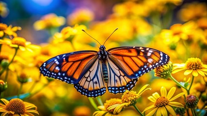 Fototapeta premium Closeup of a Colorful Butterfly Resting on Bright Yellow Flowers with Tilt-Shift Photography Effect, Showcasing Nature's Beauty and Delicate Details in a Soft Focus Background