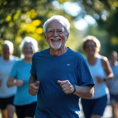 Healthy Aging - Jogging in a Park with A group of elderly friends.