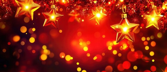 Obraz premium Sparkling Golden Stars Christmas Ornament Red Background Festive Holiday