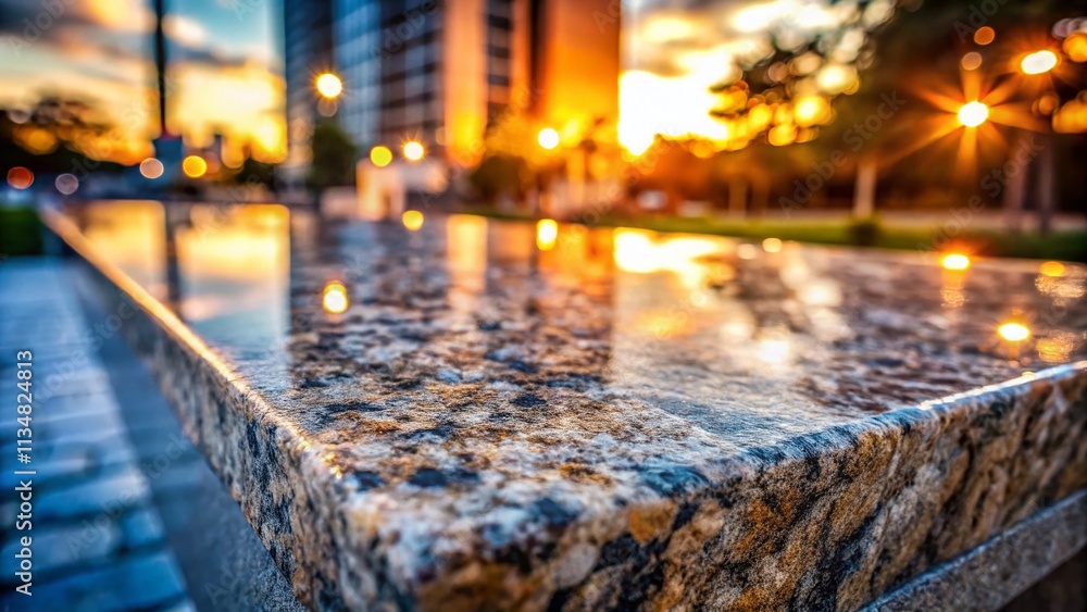 Poster close-up of a cut granite stone with high depth of field showcasing natural texture, color variation