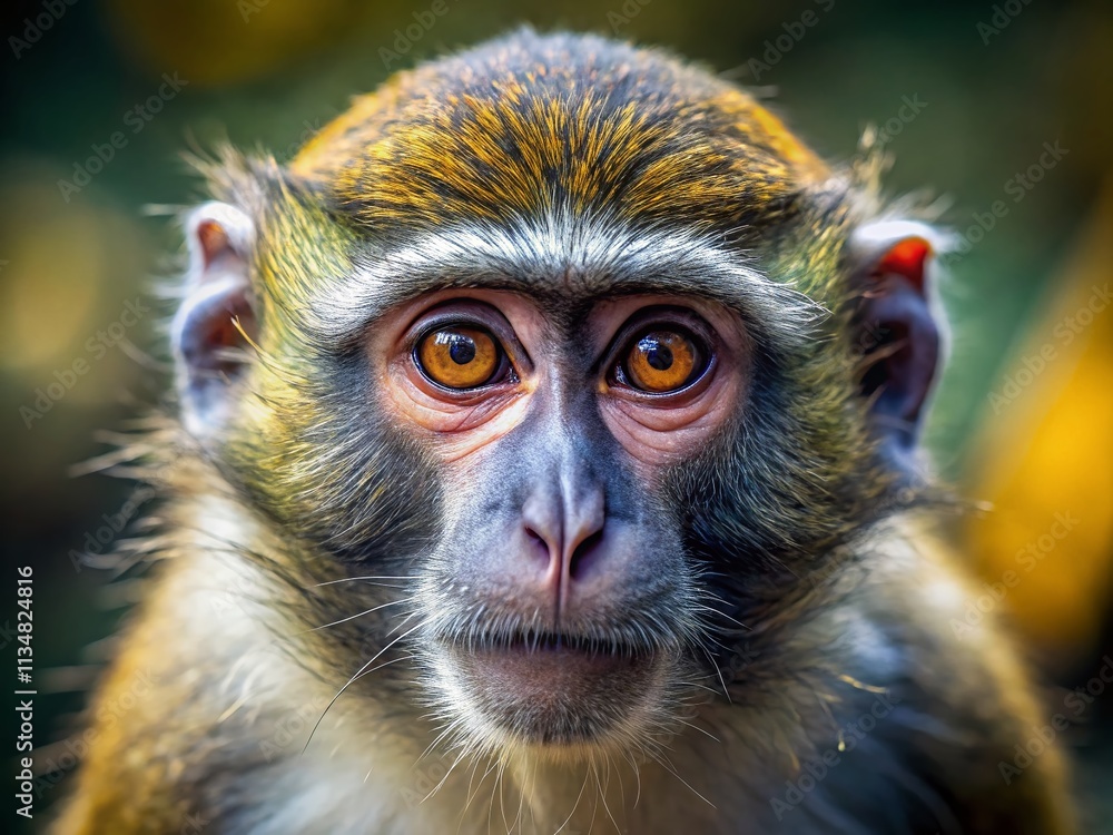 Poster close-up of a curious monkey gazing at the camera through a zoo enclosure, capturing the intricacies