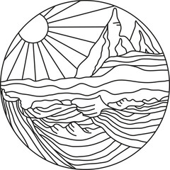 line drawing of landscape with sun, water and mountains