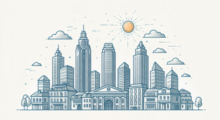 Obraz premium Minimalist urban skyline with sun and clouds illustrations