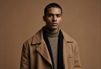 Obraz premium Man in Brown Coat and Black Scarf - Studio Portrait