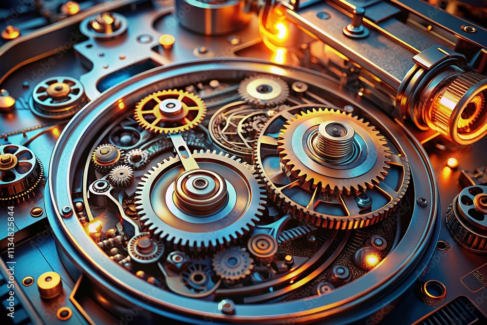 Poster close-up of a futuristic machine's internal mechanism highlighting intricate details with ample copy