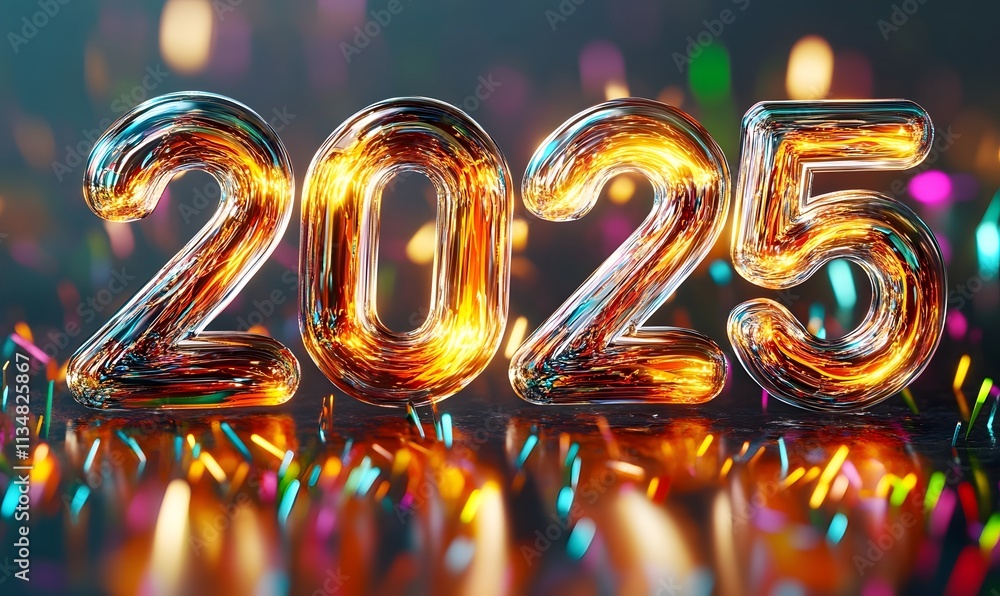 Poster shiny 2025 digits over colorful bokeh lights and scattered confetti.