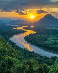 Travel and Outdoor adventure - Sunset at the Golden Triangle, featuring a panoramic view of the Mekong River and lush landscapes Thailand.