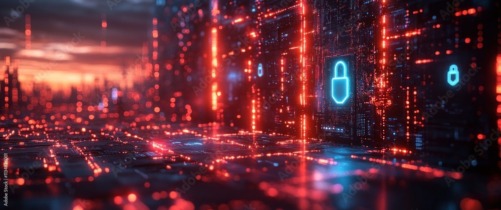 Poster cybersecurity digital landscape with glowing locks and shields in cyberpunk style