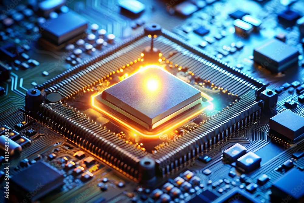 Aufkleber Closeup of a Glowing Microchip on a Circuit Board Showcasing Advanced Technology with Tilt-Shift Photography for a Unique Perspective on Electronics and Innovation