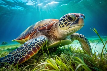 Obraz premium Close-Up of a Great Green Sea Turtle Grazing on Seagrass in Clear Blue Waters During a Sunny Day – Capturing the Beauty of Marine Life Underwater
