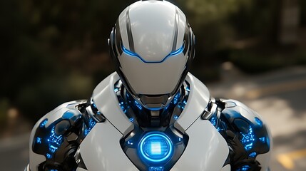 Futuristic white robot with blue lights.