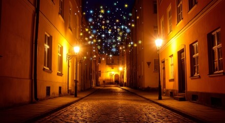 Fototapeta premium Enchanting night street with glowing lanterns and magical stars