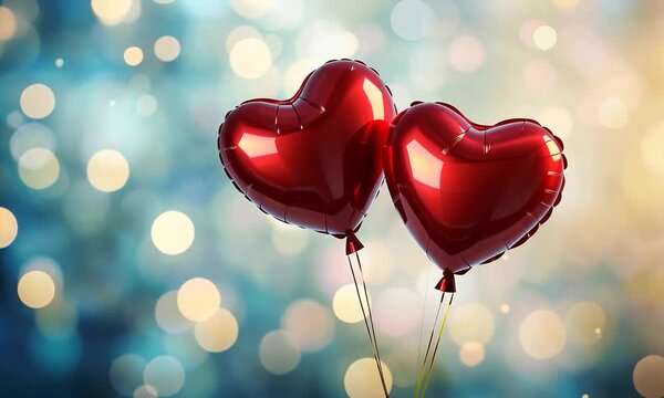 Valentine's Day red celebration heart shaped balloons isolated blurred light background. Celebration video background.