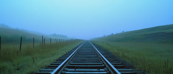A fog-distorted railway stretches into the distance, flanked by barren fields, invoking a sense of solitude and mystery.