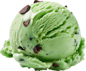 A vibrant scoop of mint chocolate chip ice cream, featuring chunks of chocolate and a creamy green texture.
