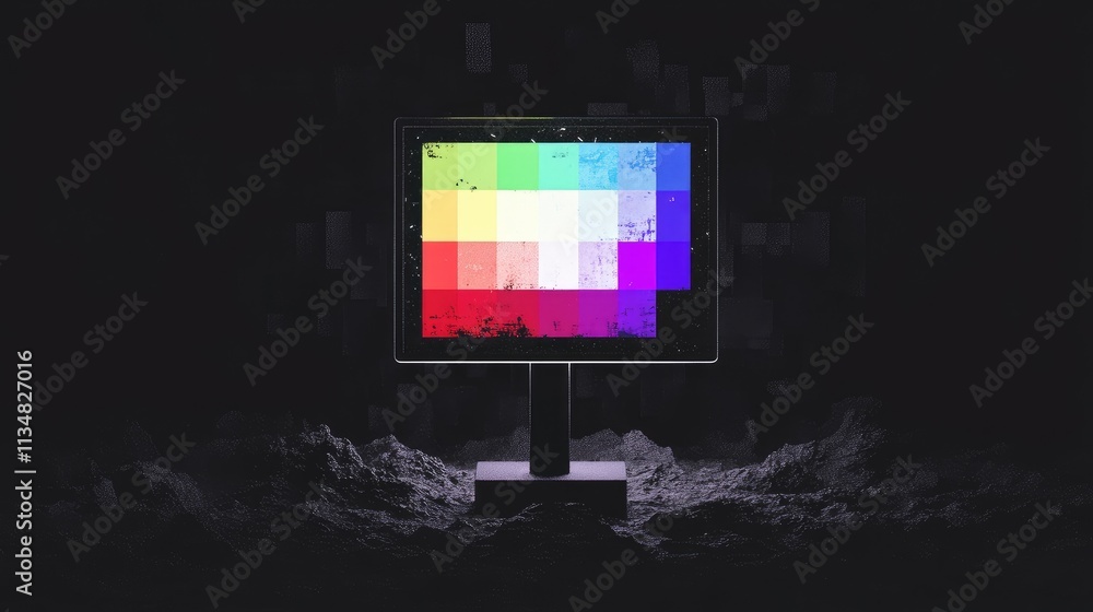 Poster a glitching screen with a colorful pixel standing out, representing diversity through technological 