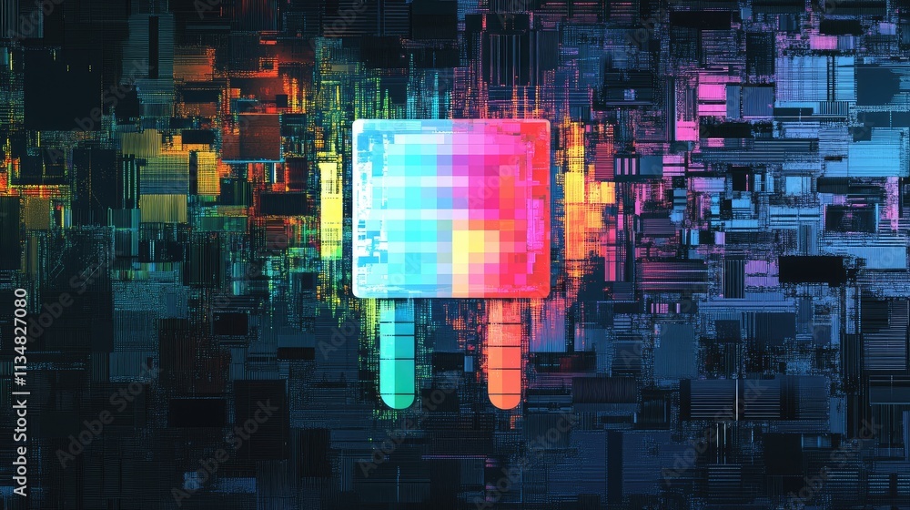 Poster a glitching screen with a colorful pixel standing out, representing diversity through technological 