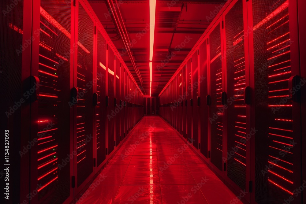 Poster rows of server racks fill the space in a high-tech data center, illuminated only by striking red lig