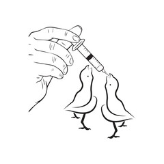 A minimalistic black-and-white vector illustration depicts a tender moment where two baby birds are being fed with a syringe. The scene captures the essence of care and nurturing.