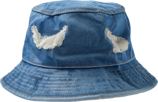 A distressed denim bucket hat featuring frayed accents, showcasing a casual and trendy style.