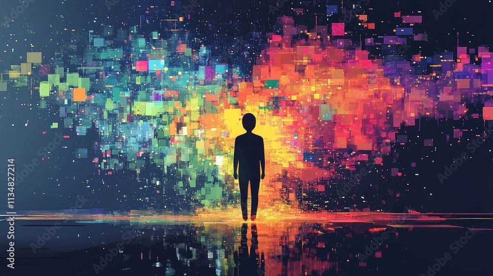 Poster a glitching screen with a colorful pixel standing out, representing diversity through technological 