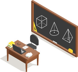 Geometry lesson featuring a teacher s desk with a laptop and books, surrounded by drawings of set squares, cones, cubes, and pyramids on the blackboard in a vibrant classroom setting