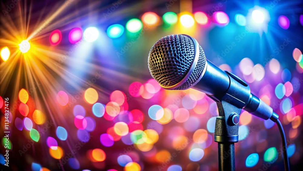 Aufkleber close-up of a microphone on a stage surrounded by colorful lights creating an energetic atmosphere f
