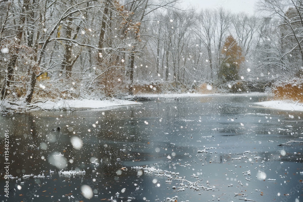 Poster heavy snowflakes fall on a calm river, creating a tranquil atmosphere as trees stand silently by the