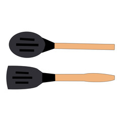 Vector illustration of two kitchen utensils with wooden handles and black silicone heads. Includes a spaghetti spoon and a flat spatula. Simple flat design suitable for food, cooking, or kitchen-relat