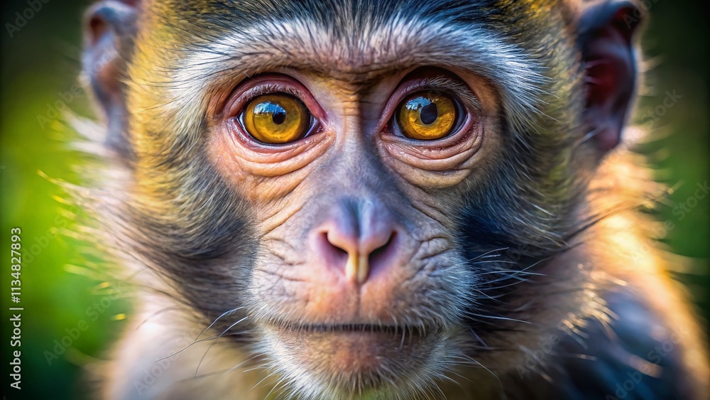 Poster Close-Up of a Monkey's Face with a Softly Blurred Background, Capturing the Intricate Details of Its Features and Expressions, Enhanced by the Presence of Another Monkey in the Distance