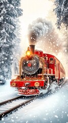 Christmas train traveling through snowy forest at dusk