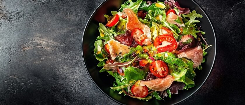 Delicious Prosciutto and Tomato Salad with Mixed Greens in Black Bowl