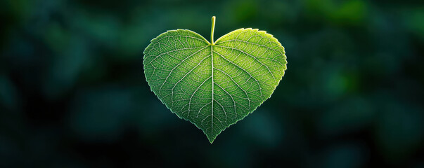 Beautiful heart-shaped green leaf isolated against a dark blurred background, symbolizing love and nature's beauty. heart-shaped leaves