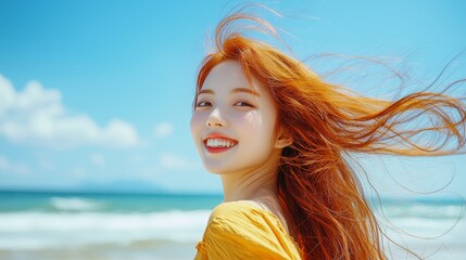 Smiling red-haired woman with sunglasses enjoying the beach