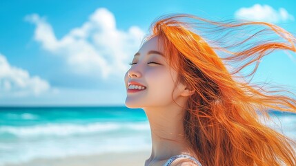 Smiling red-haired woman with sunglasses enjoying the beach