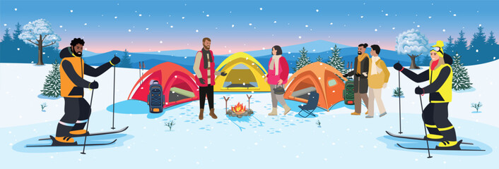 People rest in winter camping. Active men and women rest with tents in winter forest. Winter recreation and travel image. Vector illustration.
