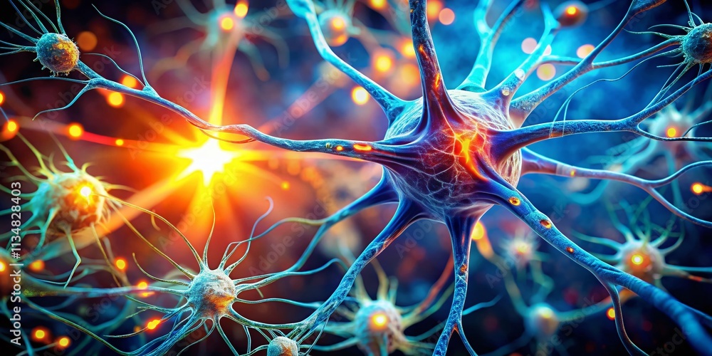 Poster closeup of a neuron cell with glowing nucleus in tilt-shift photography style, showcasing intricate 