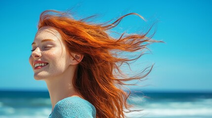 Naklejka premium Smiling red-haired woman with sunglasses enjoying the beach