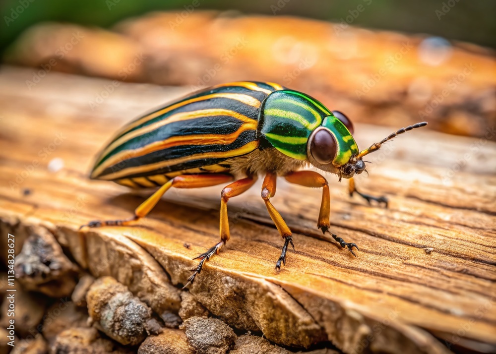 Poster close-up of an insect on textured wood with holes, highlighting its unique striped body in a natural