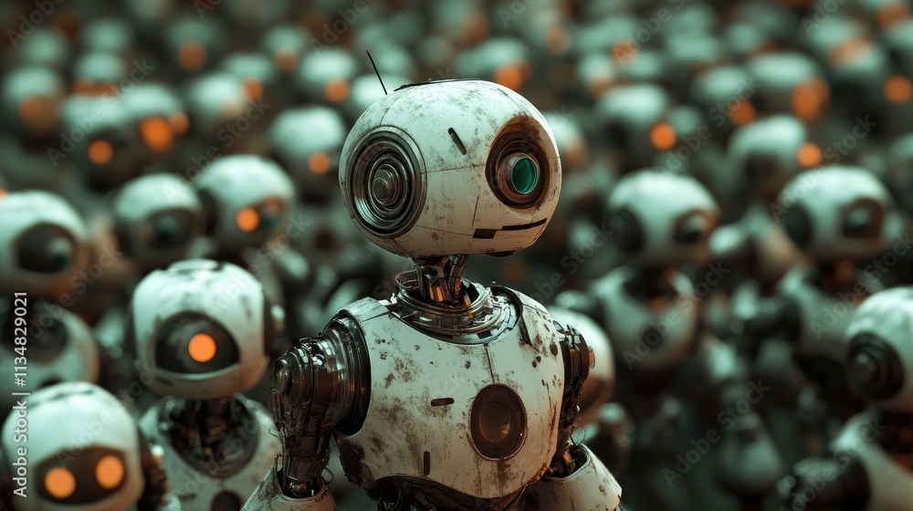 Poster a robot with a missing part amidst fully functioning robots, illustrating the beauty of diversity in