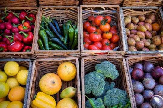 Colorful baskets filled with a variety of fresh fruits and vegetables showcase the abundance of locally grown produce at a vibrant farmer's market.