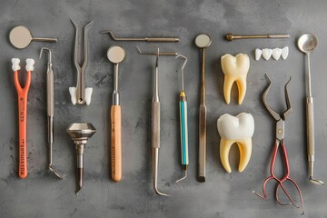 A well-arranged set of dental instruments including mirrors, probes, and extraction tools displayed on a gray background, ready for use in dental care procedures.