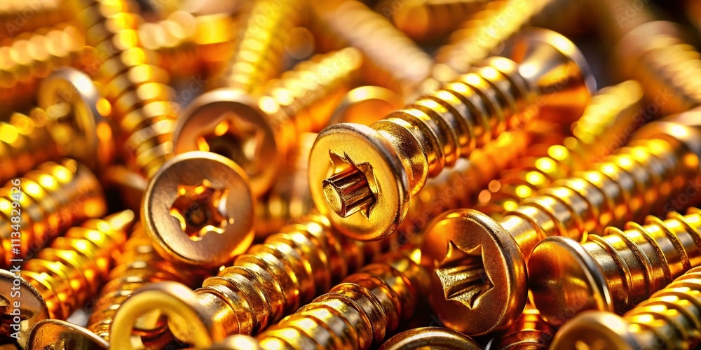 Poster closeup of a rotating heap of shiny golden screws, showcasing their texture and details in a well-li