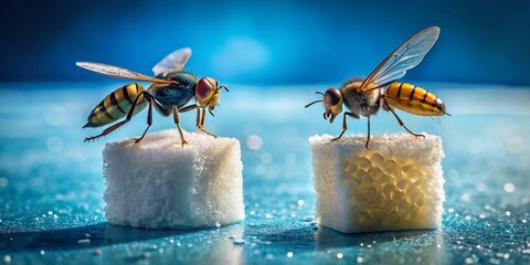 Naklejka premium Close-Up of a Rough Fly and Wasp on Sugar Cubes Against a Blue Background Captured in Low Light Photography