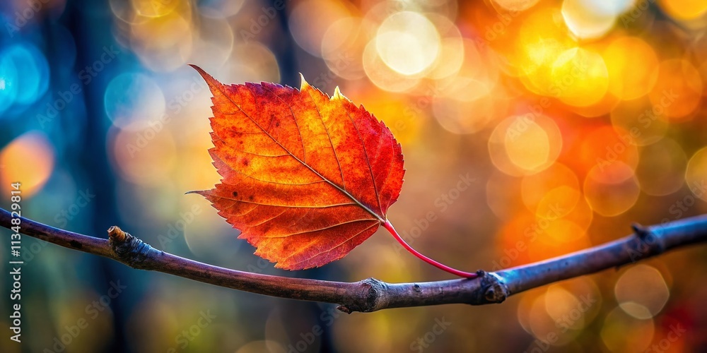 Poster close-up of a single autumn leaf hanging gracefully on a tree branch with a beautiful bokeh effect, 